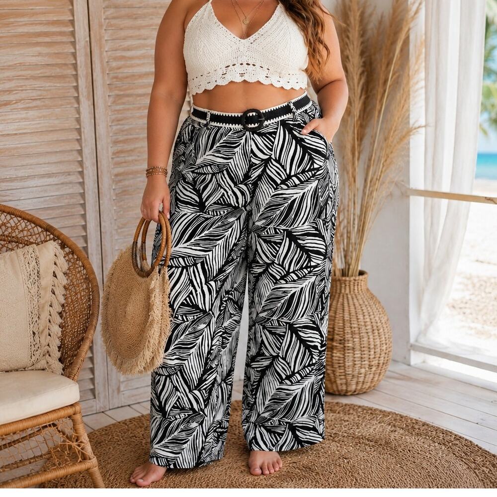 Christian Siriano Wide Leg Linen Blend Pants XL Belted Black White Boho Beachy
